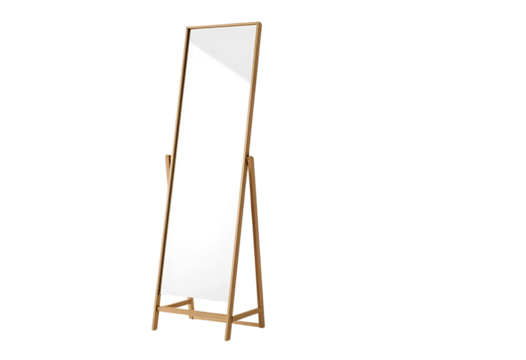 Full length wooden mirror on a sturdy stand for elegant home decor.