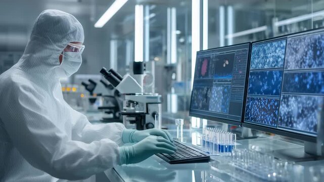 日本人の研究者がクリーンルームの作業台でモニターと顕微鏡を操作する