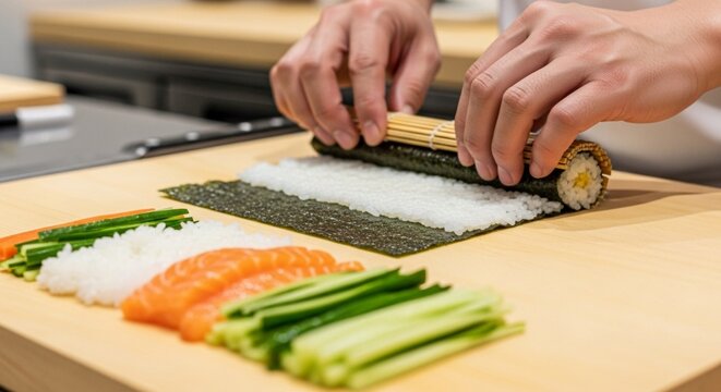 Sushi chef rolling a sushi roll with ingredients on a wooden board.