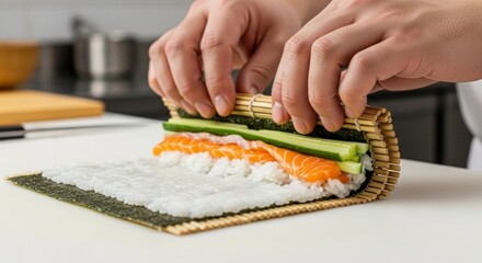 Hands rolling sushi with bamboo mat, rice, salmon, and cucumber on a white surface.