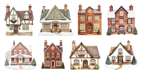 Naklejka premium PNG Charming snowy holiday houses, element set on transparent background