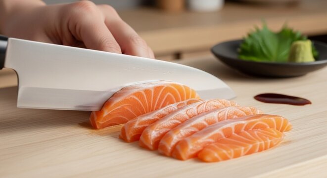 Close-up of a chef slicing fresh salmon into sashimi on a wooden cutting board with a sharp knife.