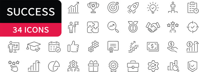 success, business, icons, collection, strategy, growth, achievement, goal, target, rocket, launch, idea, light bulb, award, trophy, medal, puzzle, teamwork, magnifying glass, handshake, rating, stars,