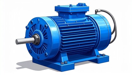 Large blue industrial electric motor with cooling fins and protruding shaft in clean high-tech facility.