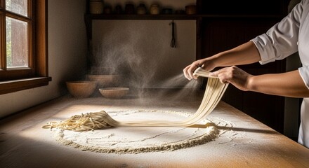 Chef preparing fresh pasta on a wooden table with flour, creating a culinary scene.