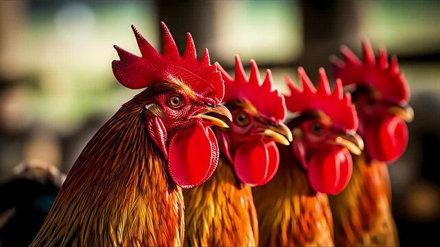 Row of Roosters Close Up Poultry Farm Animals Cockerels Red Combs Golden Feathers Livestock