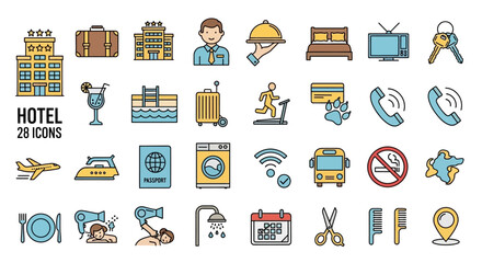 Minimalist Hotel and Accommodation Services Vector Icon Set in a Sleek Line Art Style, Ideal for Travel Industry Websites and Apps, Showcasing Hospitality Essentials