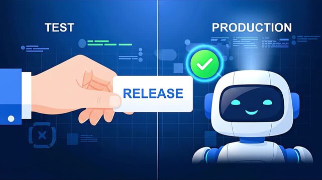 Software Release Pipeline Test to Production Automation Robot Hand Holding Release Card Software