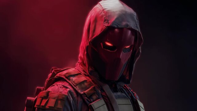 Mysterious hooded figure in red mask with intense eyes and dark background