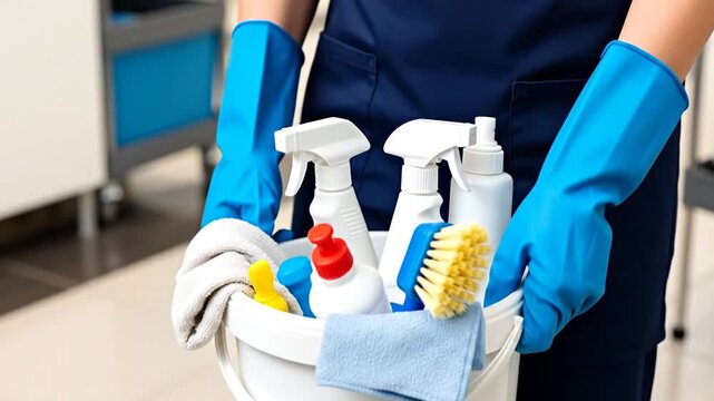 Professional cleaning lady ensuring a spotless home with essential supplies ready
