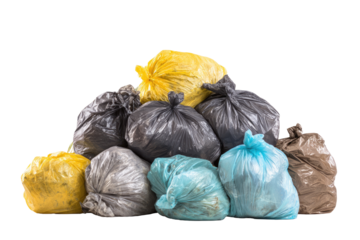 A pile of various colored garbage bags