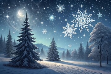 Enchanting Winter Night Landscape with Snowy Pine Trees, Glowing Moonlight, and Large Decorative Snowflakes