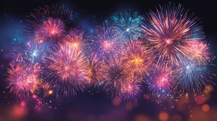 Brilliant fireworks burst in various colors illuminating the night sky during a joyous celebration.
