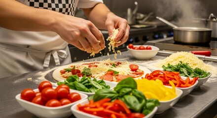 Chef preparing pizza with fresh ingredients in a restaurant kitchen.