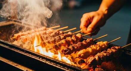 Fototapeta premium Skewers of meat being grilled over an open fire with smoke rising.