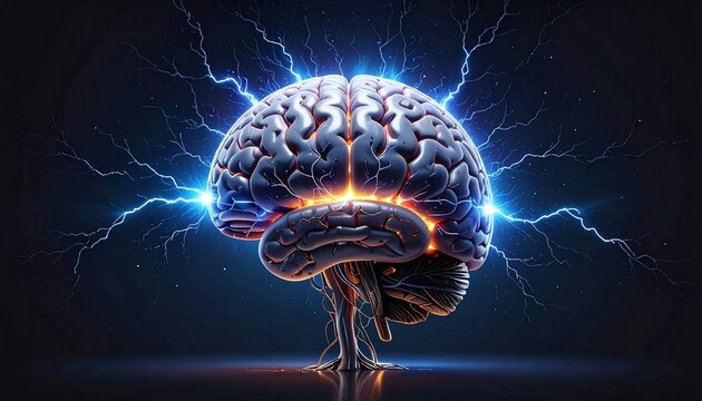 Glowing blue digital brain surrounded by electric bolts on dark background, symbolizing neural energy and intelligence.