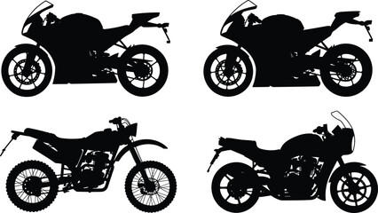 Collection of High-Performance Motorcycle Silhouettes, Featuring Sport Bike, Off-Road, and Classic Models, Vector Illustration for Speed and Thrill.