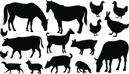 Domestic farm livestock animals silhouette set, includes horse cow goat sheep pig chicken rabbit, grazing standing figures, vector graphic collection