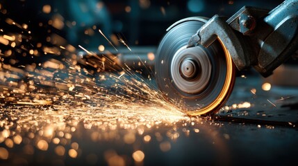 A skilled worker uses a grinder on metal creating brilliant sparks in a dimly lit workshop.