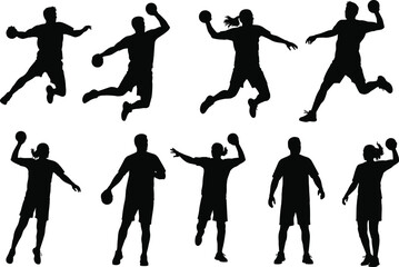 Handball players silhouettes set, man and woman jumping action poses, throwing ball, team sport athletic figure vector graphic illustration