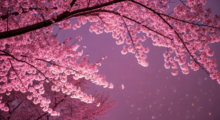 Low-angle view of pink cherry blossom against a purple sky, representing spring, renewal, and natural beauty, suitable for scenic or seasonal concept