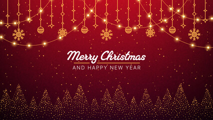 Merry Christmas and Happy New Year greeting card with decorative string light, snowflake, and ornament on a festive red background for holiday celebration.