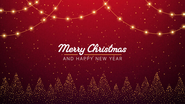Merry Christmas and Happy New Year greeting card banner with string lights and abstract golden tree shapes on a festive red background