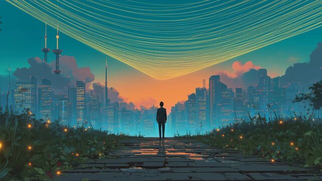 男性が黄昏の都市を見下ろし、空にデータ可視化が浮かぶ未来夕景