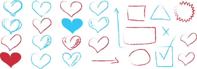 Collection of hand drawn heart shapes and doodles in various colors