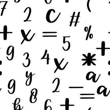 Seamless pattern with beautiful numbers. Algebra and geometry, calculations.