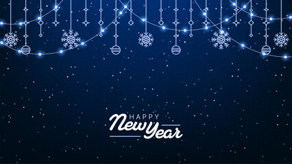 Simple happy New Year background with decorative snowflakes and ornaments on a dark blue background with glowing lights and falling snow texture for winter season.