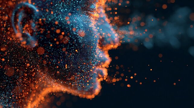 Stunning digital human profile with flowing particles in vibrant orange and blue, perfect for technology, innovation, and futuristic designs and presentations