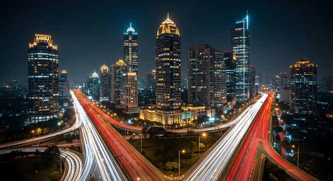 Nighttime urban skyline with light trails from vehicles on a highway intersection