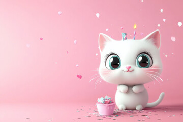 Cute black kitten with a vibrant birthday hat, grinning on a pink backdrop, ideal for children's illustrations and greeting cards