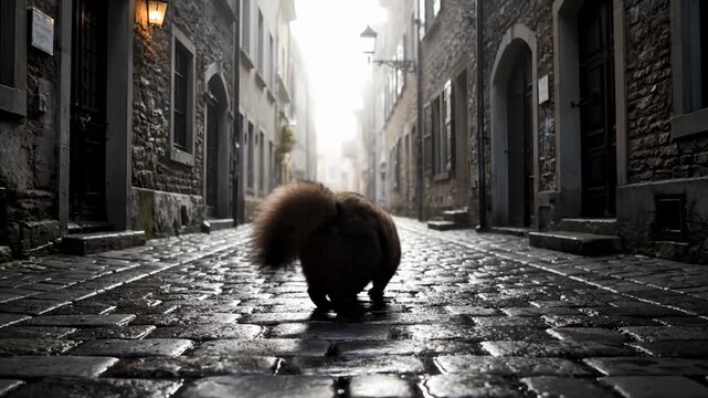 Fluffy Tanuki Walks Down Cobblestone Alley in Dreamy City Setting