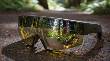 Step into the Future Innovative AR Glasses Reflecting Lush Green Forest Trail Adventure Awaits Enhanced Reality Exploration with Cutting Edge Wearable Tech