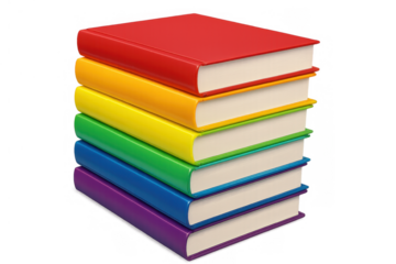 Books stacked in rainbow colors symbolizing diversity, education, and equality with a transparent background
