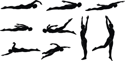 Swimming and gymnastic silhouettes, athletic poses, black vector, sports movement, minimal style, graphic set, body motion, fitness icons