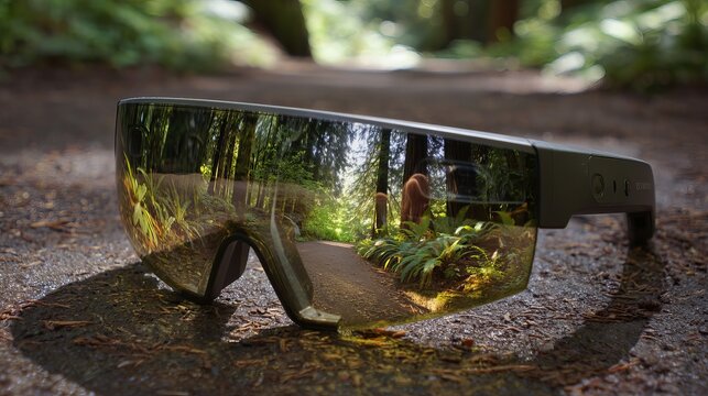 Step into the Future Innovative AR Glasses Reflecting Lush Green Forest Trail Adventure Awaits Enhanced Reality Exploration with Cutting Edge Wearable Tech - Powered by Adobe