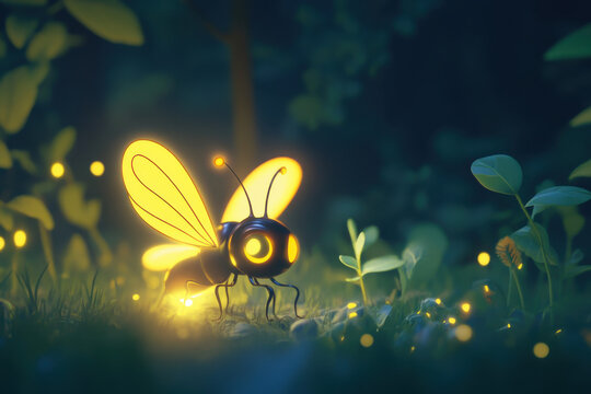 Charming 3d illustration of a cute bee character with glowing wings, ideal for children's artwork and nature-inspired designs