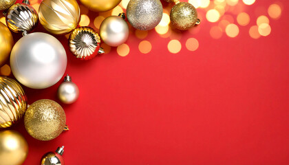 Diseño elegante con bolas y adornos navideños sobre fondo liso rojo para felicitacion y tarjeta de navidad fin de año, año nuevo, con espacio para texto