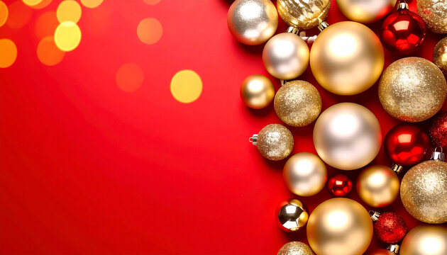 Diseño elegante con bolas y adornos navideños sobre fondo liso rojo para felicitacion y tarjeta de navidad fin de año, año nuevo, con espacio para texto