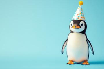 Fototapeta premium Cute baby penguin in a festive birthday hat, partying against a vivid blue backdrop
