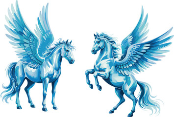 Winged horses illustration, blue Pegasus, fantasy vector, mythical creatures, rearing pose, silhouette design, magical theme, graceful artwork