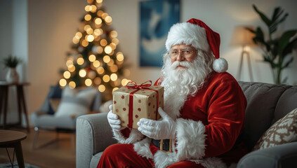 Cozy Santa Claus Wrapping Christmas Gifts Indoors – Warm Holiday Lifestyle Scene