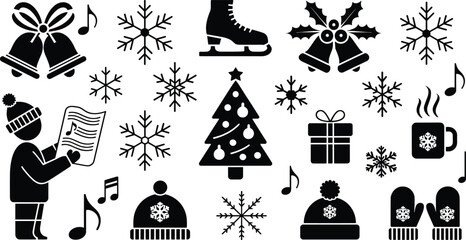 Winter holiday silhouettes, Christmas icons, festive vector, seasonal design, black graphic set, snowflakes, gifts, music, decorations