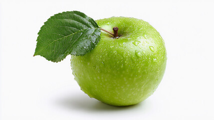 Fresh green apple with water droplets and green leaf