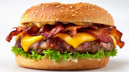 Juicy bacon cheeseburger served on sesame seed bun with lettuce
