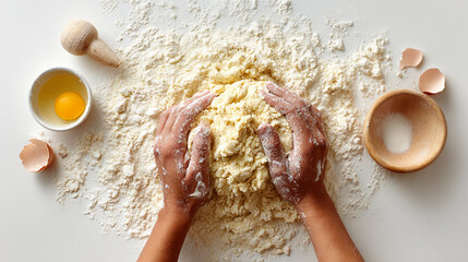 Hands mix flour and egg in preparation for baking simple dough