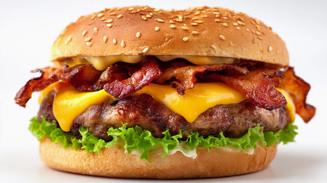 Juicy bacon cheeseburger served on sesame seed bun with lettuce